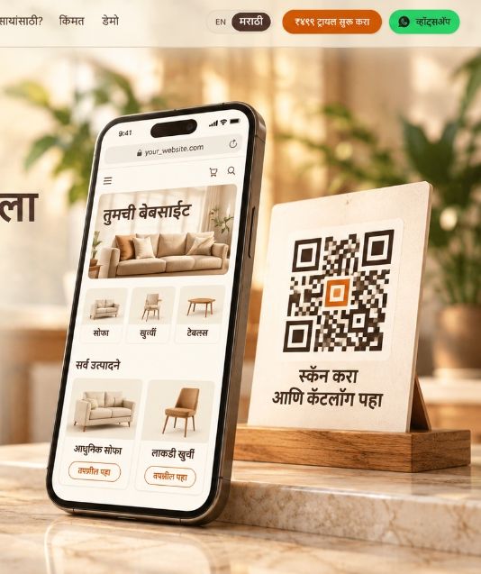 Physical QR stand and smartphone showcasing digital business system catalogue